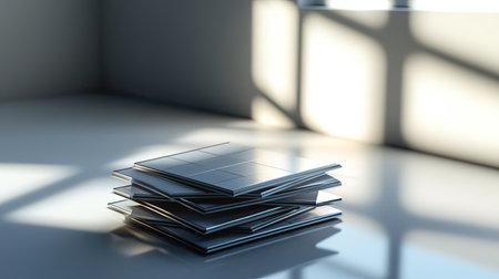 A pile of solar cells on a clean surface with a shadow and copy space.の素材