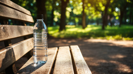 A reusable water bottle on a wooden bench in a park, with space for environmentally conscious messaging.の素材