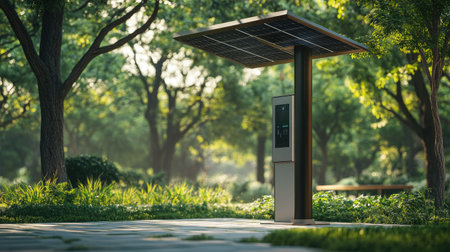 A solar-powered charging station in an outdoor park with copy space availableの素材