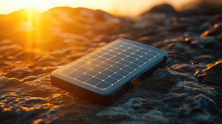 A solar battery pack charging in the sun with space for eco-themed copy.の素材