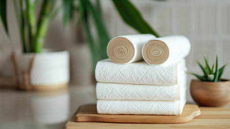 A stack of eco-friendly paper towels with bamboo, space for environmentally friendly messaging.の素材