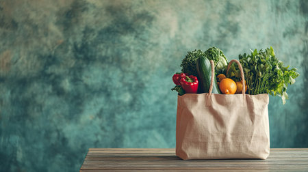 A reusable shopping bag filled with groceries on a wooden table, space for copy.の素材