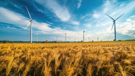 A wind turbine farm in the background of a rural landscape, space for copy in the sky.の素材