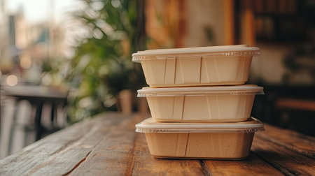 A stack of eco-friendly takeaway containers on a wooden table, space for copy.の素材