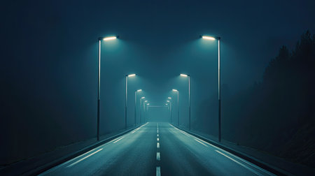 Solar-powered street lights lining a quiet road with space for a message.の素材