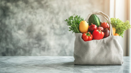 A reusable grocery bag filled with organic produce on a countertop, space for copy.の素材