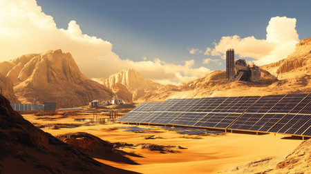 Solar energy farm in a desert landscape with ample space for sustainability messaging.の素材