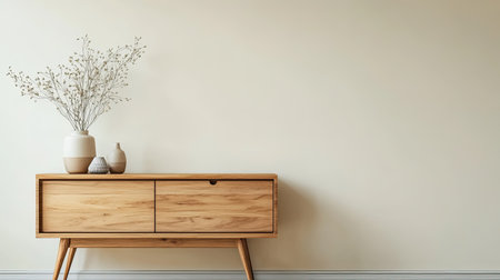 Sustainable wooden furniture in a minimalist home setting with copy space.の素材