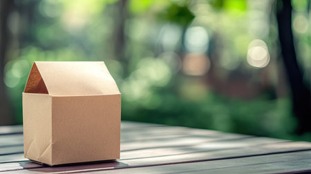 Eco-friendly paper packaging for fast food placed on a picnic table, with space for text.の素材