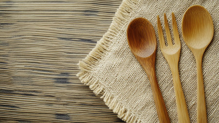 Wooden utensils on a natural fiber napkin with space for copy promoting sustainability.の素材