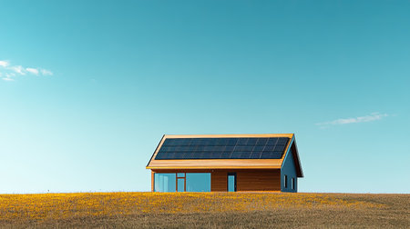 A solar-powered house with blue skies and copy space.の素材