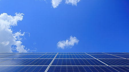 Solar panels on a modern house roof under a bright blue sky, space for copy.の素材