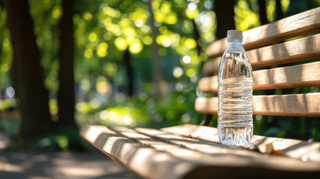 A reusable water bottle on a wooden bench in a park, with space for environmentally conscious messaging.の素材
