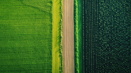 Sustainable farming with crops in rotation, clear sky providing space for copy.の素材