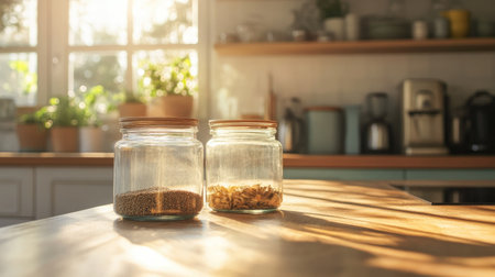 Reusable glass containers on a kitchen counter with sunlight filtering in, space for copyの素材