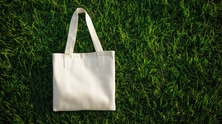 A reusable fabric tote bag with an eco-friendly logo placed on a grassy surface, space for copy.の素材