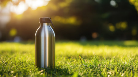 A reusable stainless steel water bottle on a grassy field with space for eco-friendly messaging.の素材