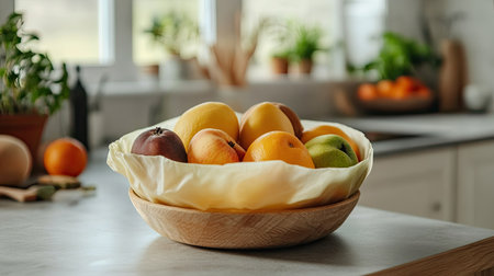A reusable beeswax wrap covering a bowl of fruit, placed on a kitchen counter, with space for eco-friendly messaging.の素材