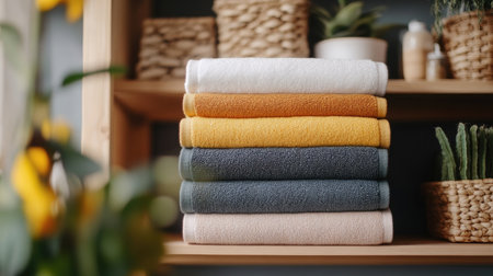 A stack of folded organic cotton towels on a shelf, with room for copy promoting sustainable living.の素材