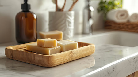 A wooden soap dish with natural soap bars placed on a bathroom counter, with space for text.の素材