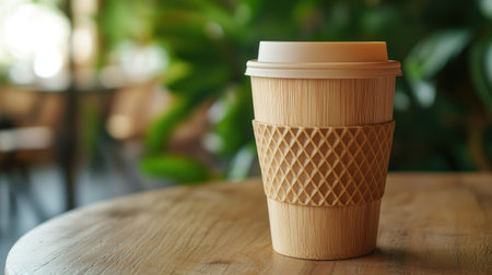 A reusable bamboo coffee cup placed on a wooden table, with space for eco-conscious messaging.の素材