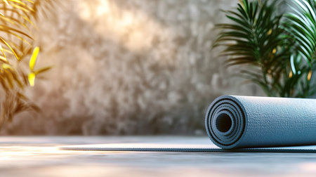 A yoga mat rolled up and placed on a clean surface with space for copy about relaxation and wellness.の素材