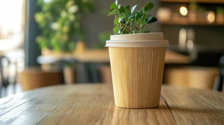 A reusable bamboo coffee cup placed on a wooden table, with space for eco-conscious messaging.の素材