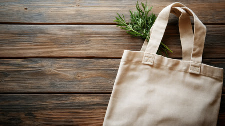 Organic cotton tote bag with an eco-friendly message printed on it, placed on a wooden surface, with space for copy.の素材