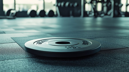 A twist plate on a gym floor, with ample space for copy about core workouts and fitness.の素材