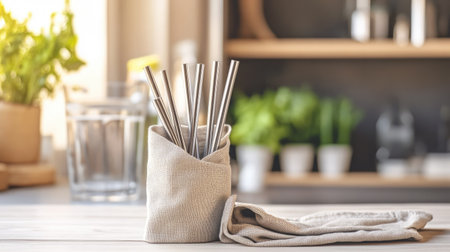 A stainless steel straw set neatly placed in a cloth pouch on a table, with space for eco-friendly copy.の素材