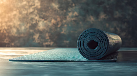 A yoga mat rolled up and placed on a clean surface with space for copy about relaxation and wellness.の素材
