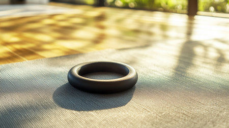 Pilates ring on a clean workout mat, with space for copy promoting Pilates and flexibility training.の素材