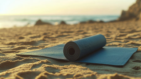 A yoga mat unrolled on the sand with space for text about outdoor fitness and wellness.の素材