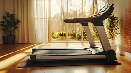 Knee-friendly treadmill placed in a modern home gym with space for copy promoting cardio workoutsの素材