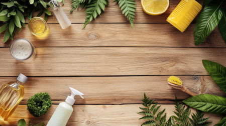 Eco-friendly cleaning products made from natural materials, displayed on a wooden table, with space for text.の素材