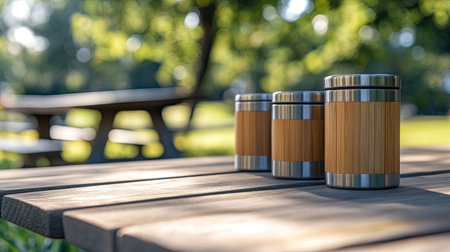 Eco-friendly lunch containers made of bamboo and stainless steel, placed on a wooden picnic table, with space for copyの素材