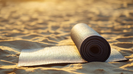 A yoga mat unrolled on the sand with space for text about outdoor fitness and wellness.の素材