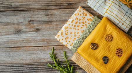 Reusable beeswax food wraps laid out on a wooden countertop, with room for eco-friendly text.の素材