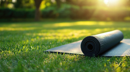 A yoga mat unrolled on a grassy field with space for wellness and fitness messaging.の素材