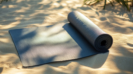 A yoga mat unrolled on the sand with space for text about outdoor fitness and wellness.の素材