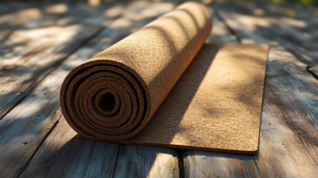 A sustainable cork yoga mat rolled up on a wooden floor, with space for eco-conscious messaging.の素材