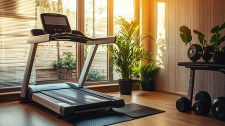 Knee-friendly treadmill in a home gym, with space for copy about gentle cardio workouts.の素材