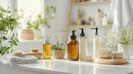 Organic skincare products in glass bottles arranged on a white bathroom counter, space for copy.の素材