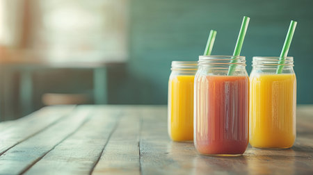 Glass jars with reusable straws and fresh juice, sitting on a wooden table, with space for copy.の素材