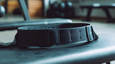 Waist reducer placed on a workout bench, with ample space for text about fitness and toning.の素材