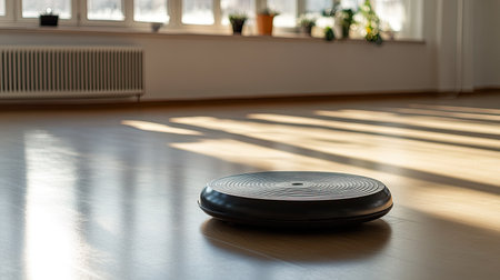 Twist plate on a bright, clean floor, with space for copy promoting core exercises and stability.の素材