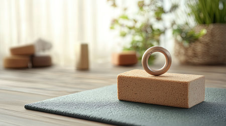 Pilates ring resting beside a yoga block, with space for copy promoting body toning and Pilates practice.の素材