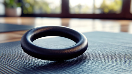 Pilates ring on a clean yoga mat, with space for text promoting flexibility and muscle toning.の素材