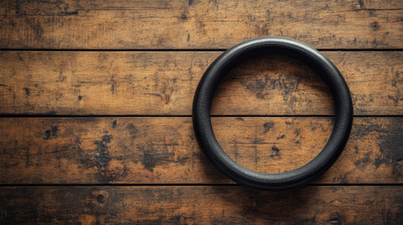 Pilates ring resting on a wooden floor, with space for copy about flexibility and toning.の素材