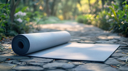 Yoga mat unrolled in a peaceful outdoor setting, with ample copy space for wellness messaging.の素材